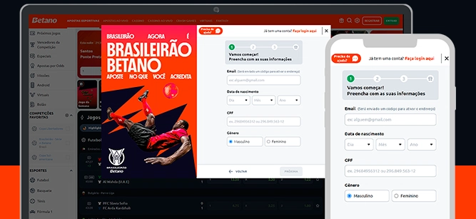 Imagem mostra celular e notebook aberto na página de registro da Betano