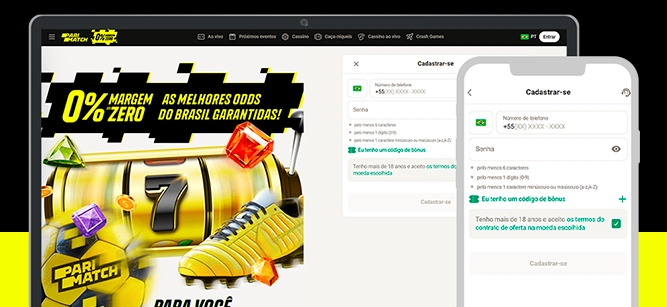 Imagem mostra celular e notebook aberto na página de registro da Parimatch