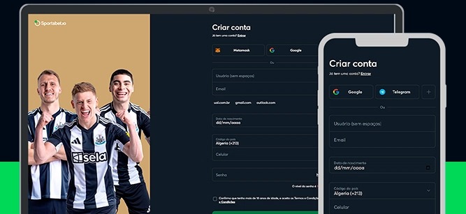 Imagem mostra celular e notebook aberto na página de registro da Sportsbet