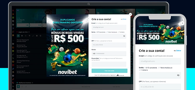 Imagem mostra celular e notebook aberto na página de registro da Novibet