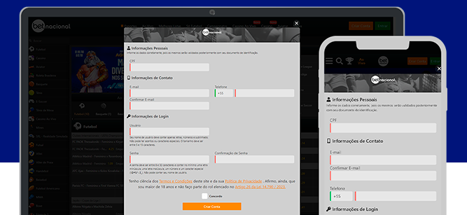 Imagem mostra celular e notebook abertos na página de registro da Betnacional