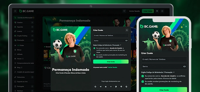 Imagem mostra notebook e celular aberto na página de cadastro na BC Game