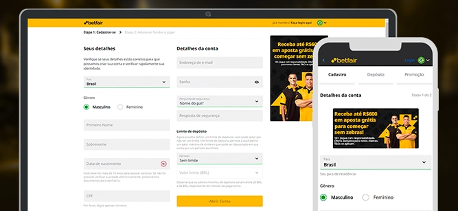 Imagem mostra notebook e celular aberto na página de cadastro na Betfair