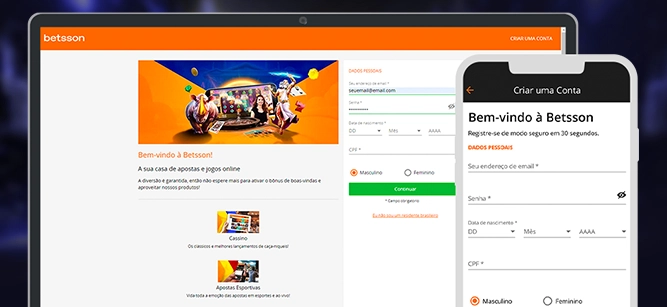 Imagem mostra notebook e celular aberto na página de cadastro na Betsson