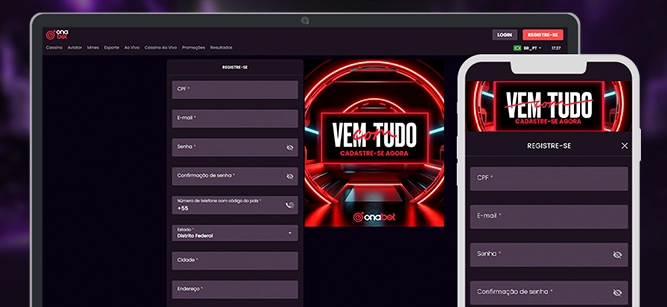 Imagem mostra notebook e celular aberto na página de cadastro da Onabet