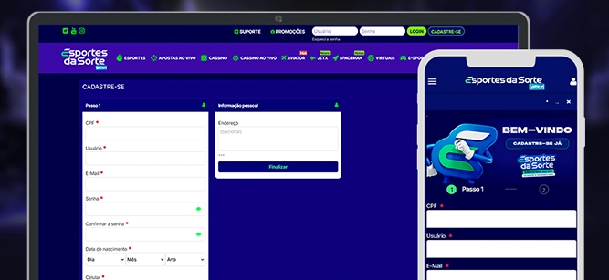 Imagem mostra notebook e celular aberto na página de cadastro da Esportes da Sorte