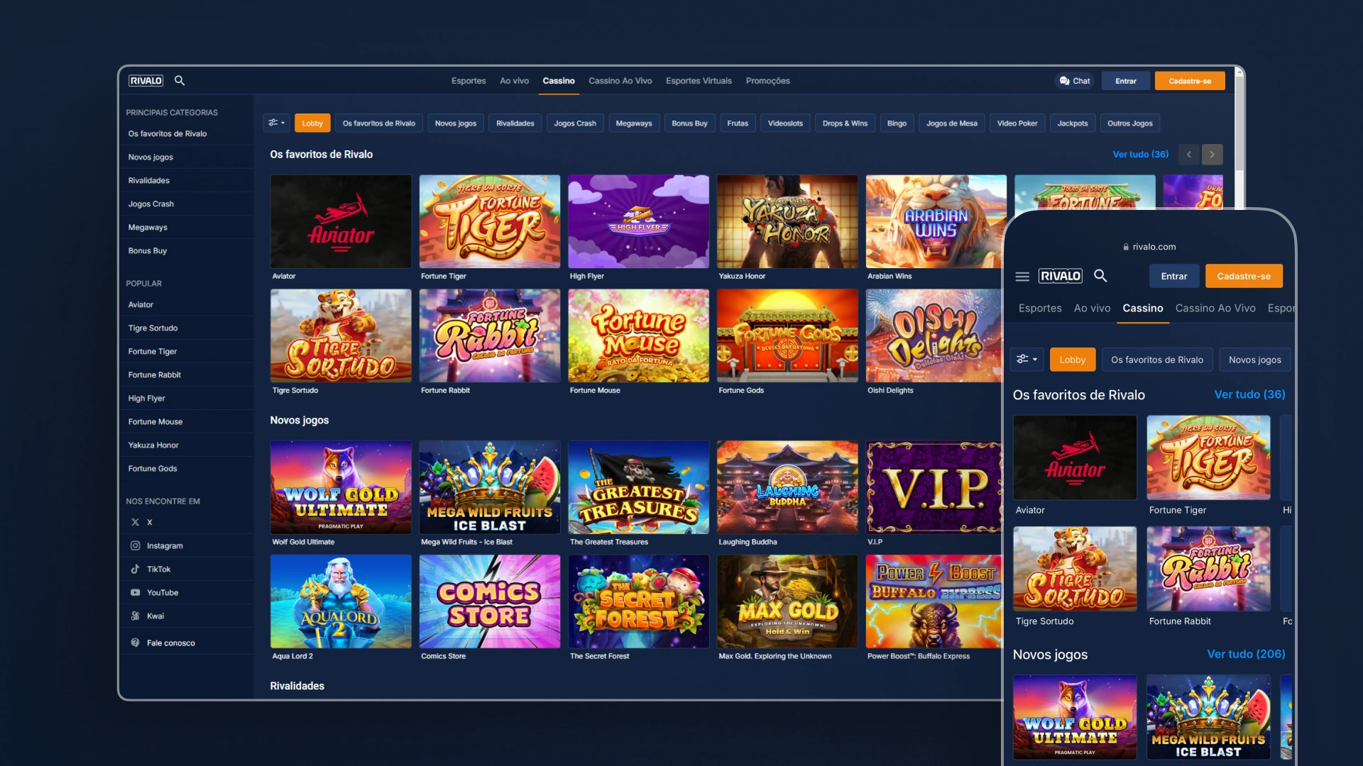 Imagem mostra notebook e celular aberto na página de cassino da Rivalo