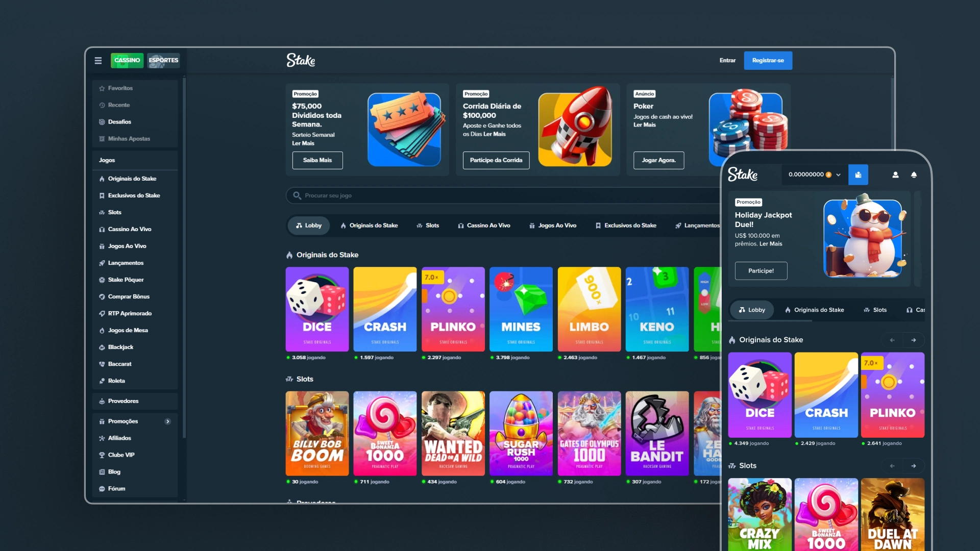 Imagem mostra notebook e celular aberto na página de cassino da Stake
