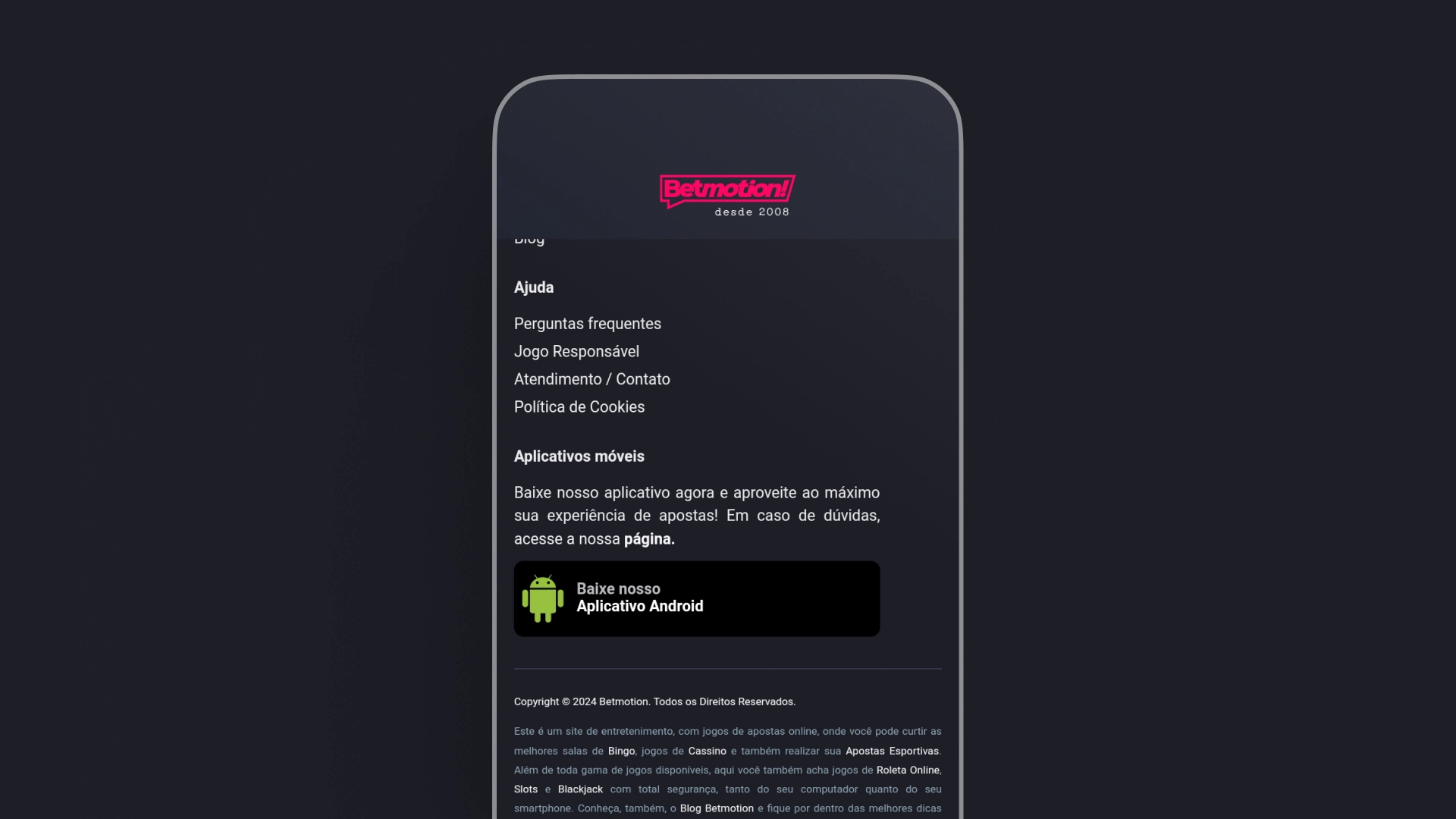 Imagem mostra celular aberto na página de apostas da Betmotion