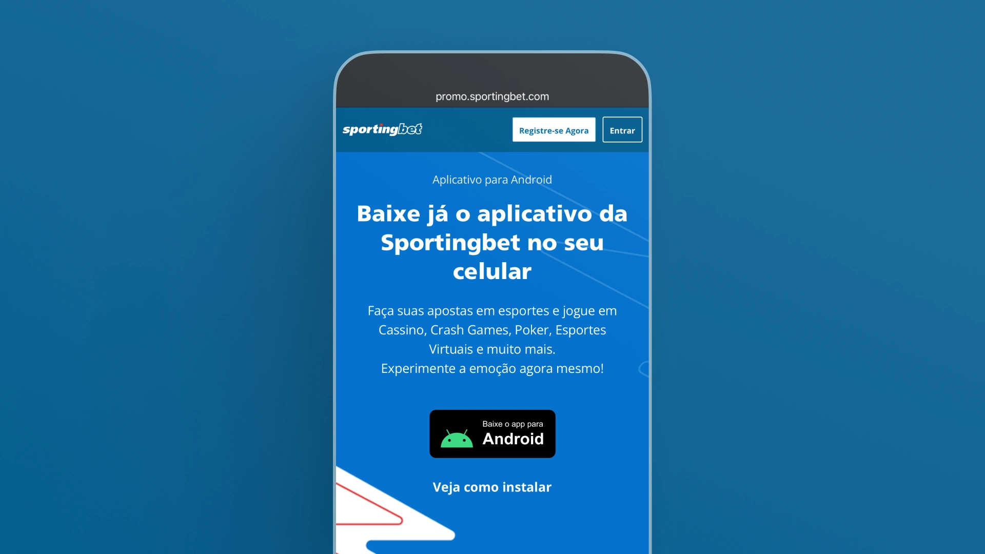 Imagem mostra celular aberto na página de download do app da Sportingbet