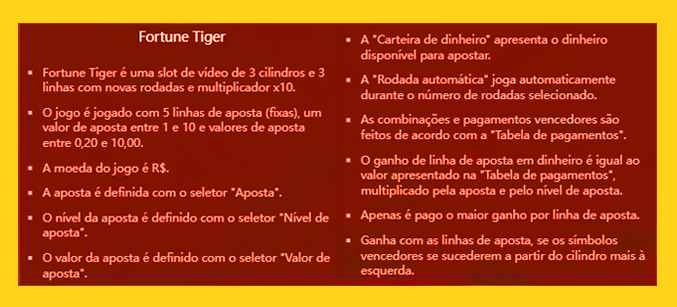 Imagem mostra regras do jogo Fortune Tiger