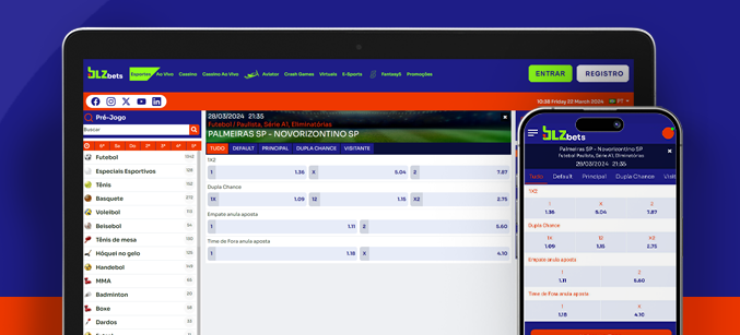 Imagem mostra notebook e smartphone abertos na página de apostas da BLZbets