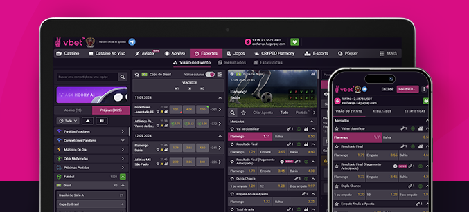 Imagem mostra celular e notebook abertos na página de apostas da Vbet