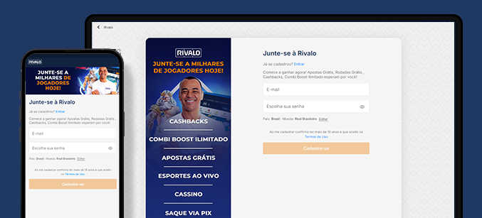 Imagem mostra celular e notebook aberto na página de cadastro da Rivalo