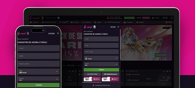 Imagem mostra celular e notebook abertos na página de cadastro da Vbet