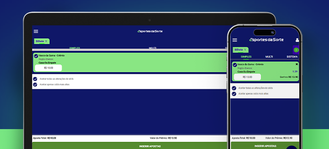Imagem mostra smartphone e notebook abertos na página de apostas da Esportes da Sorte