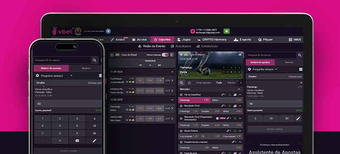 Imagem mostra celular e notebook abertos na página de apostas da Vbet