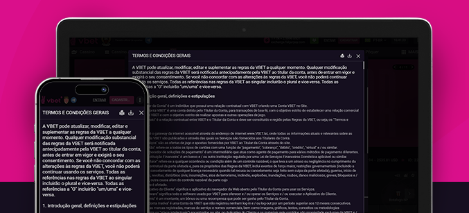 Imagem mostra celular e notebook abertos na página de termos e condições da Vbet