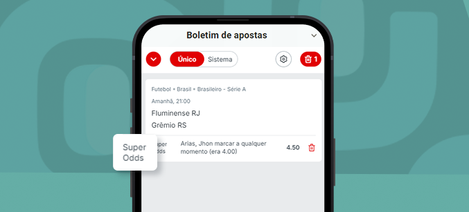 Imagem mostra celular aberto na página de bilhete com odds aumentadas