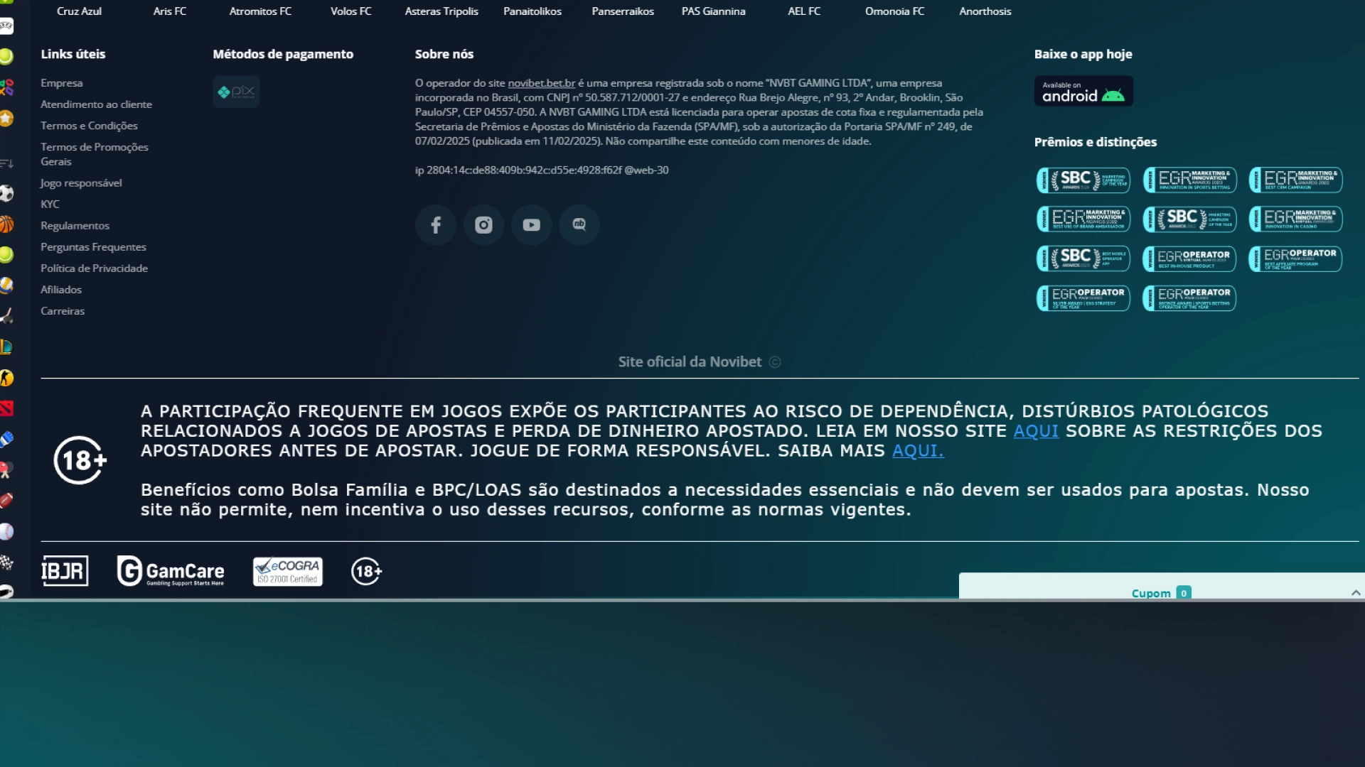 screenshot rodapé Novibet